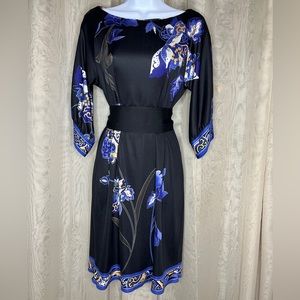 Elie Tahari Silk Orchid Floral Dress Obi Sash Kimono Retro Japanese Asian S/P